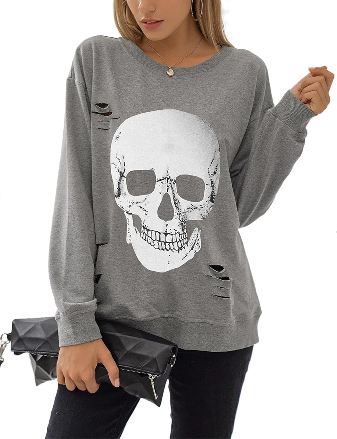 Women'S Halloween Sweatshirts Skull Graphic T Shirts Long Sleeve Pullover Tops Gothic Fall Clothes 2026