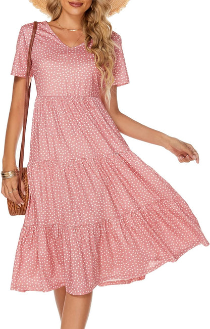 Women'S Casual Summer Tiered Midi Dress 2025 Short Sleeve V-Neck Loose Cotton Ruffle Babydoll Dress Boho Sundress