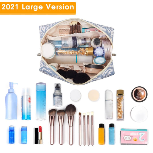 Cute Makeup Bag Travel Cosmetic Bag Organizer Toiletry Bag Make up Bags with Compartments for Women Girls (Large, Blue Leaf)