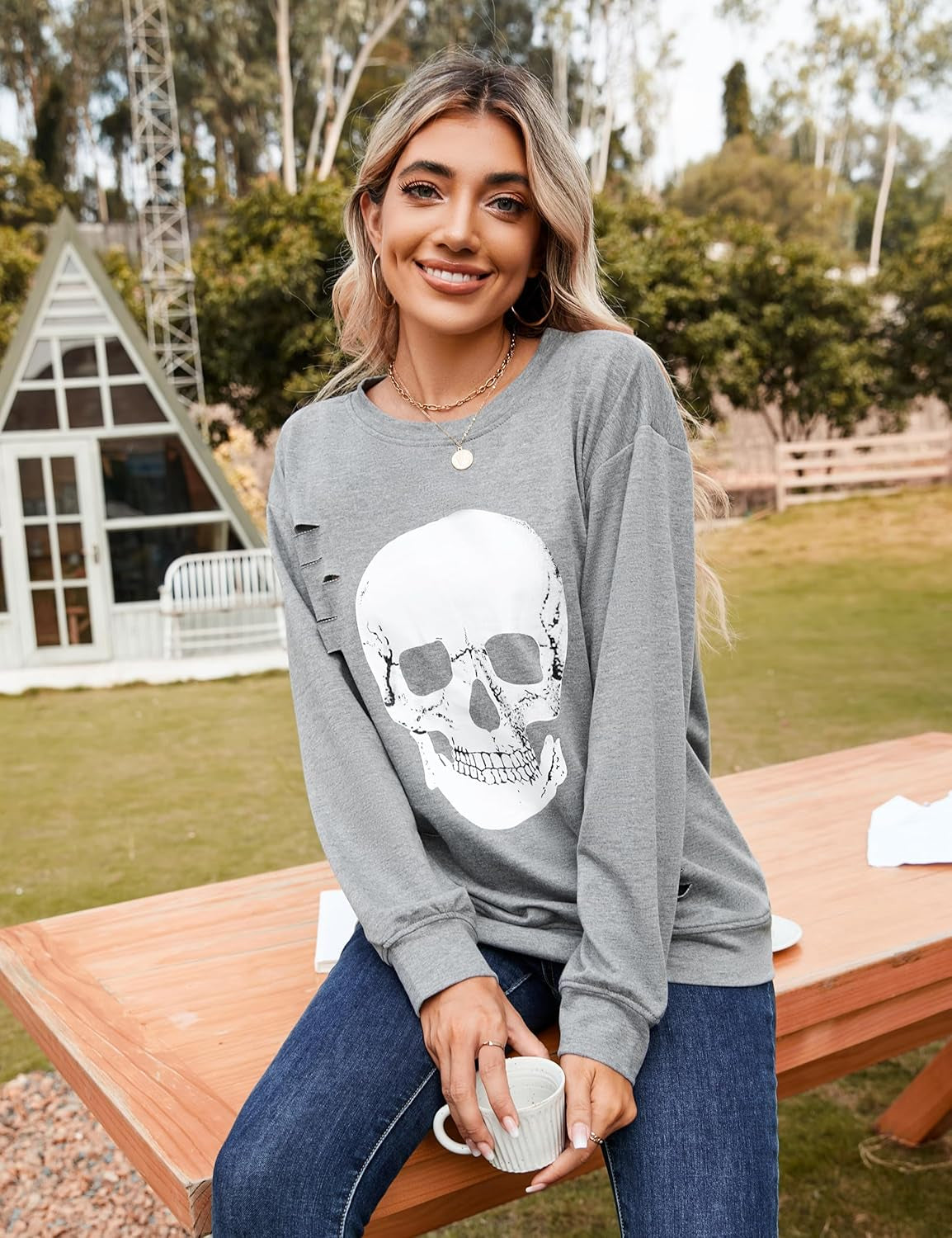 Women'S Halloween Sweatshirts Skull Graphic T Shirts Long Sleeve Pullover Tops Gothic Fall Clothes 2026