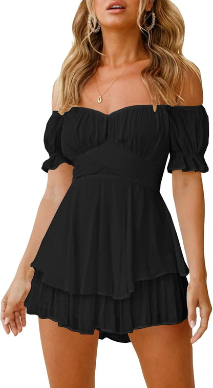 Women Boho Romper off Shoulder Ruffle Chiffon Shorts Jumpsuit Playsuits